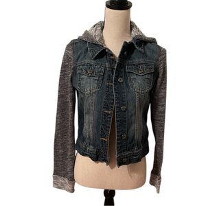 Mudd Blue Denim Hooded Jacket with Gray Tweed Knit Sweater Sleeves Pockets EUC
